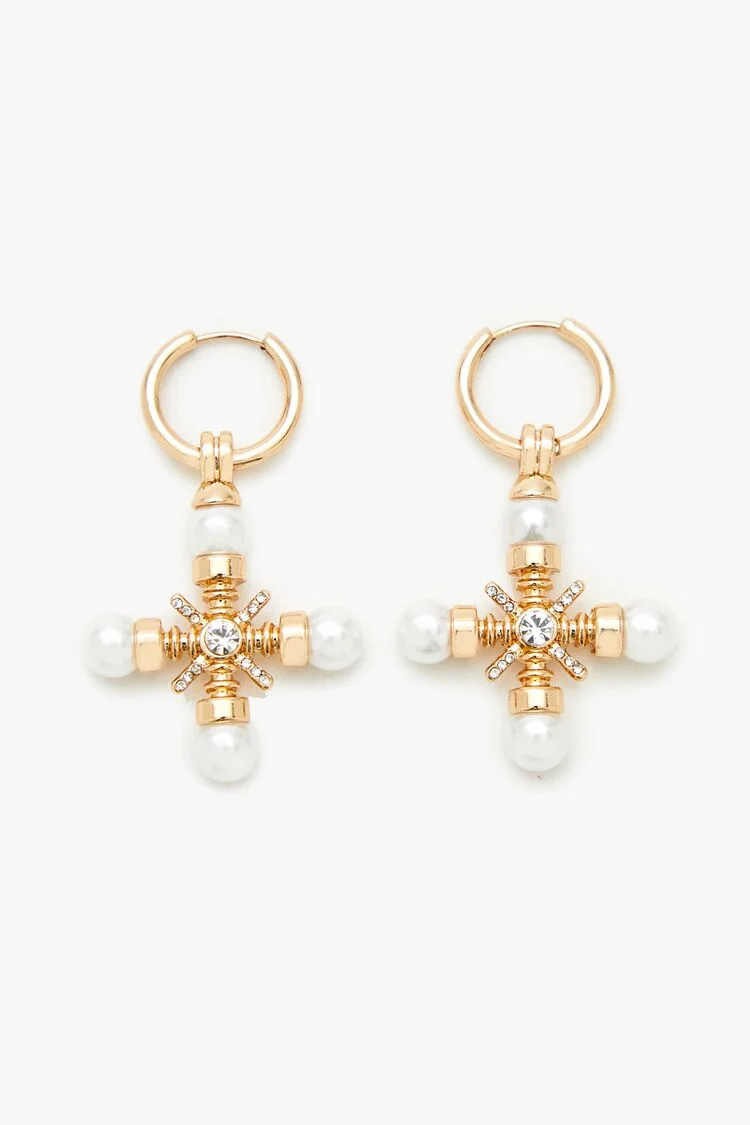 Faux Pearl Cross Hoop Drop Earrings | Forever 21