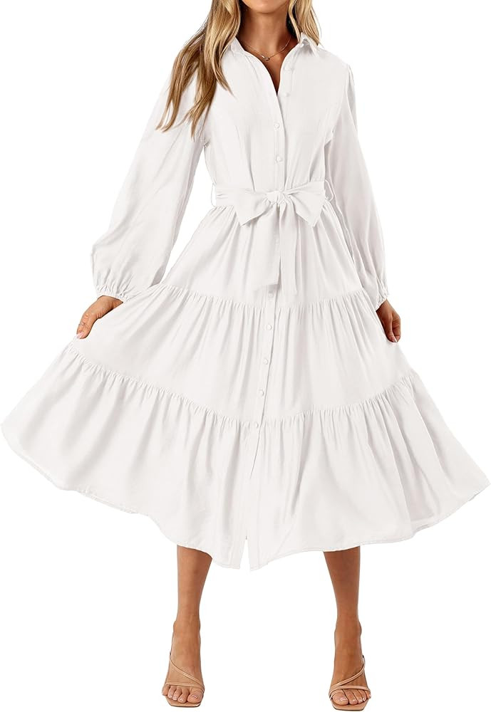 MASCOMODA Womens Dresses 2025 Fall Long Sleeve Midi Dress Casual V Neck Button Down Tiered Flowy ... | Amazon (US)