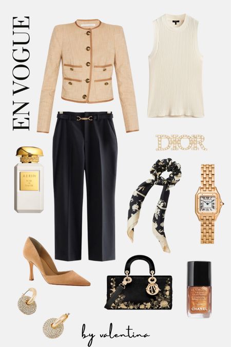 Classic Style, Vogue style, outfit inspiration, winter style, Spring style, button jacket, cream tank, Parisian style, tailored trousers, Dior badge, Dior bag 

#LTKSeasonal #LTKeurope #LTKstyletip