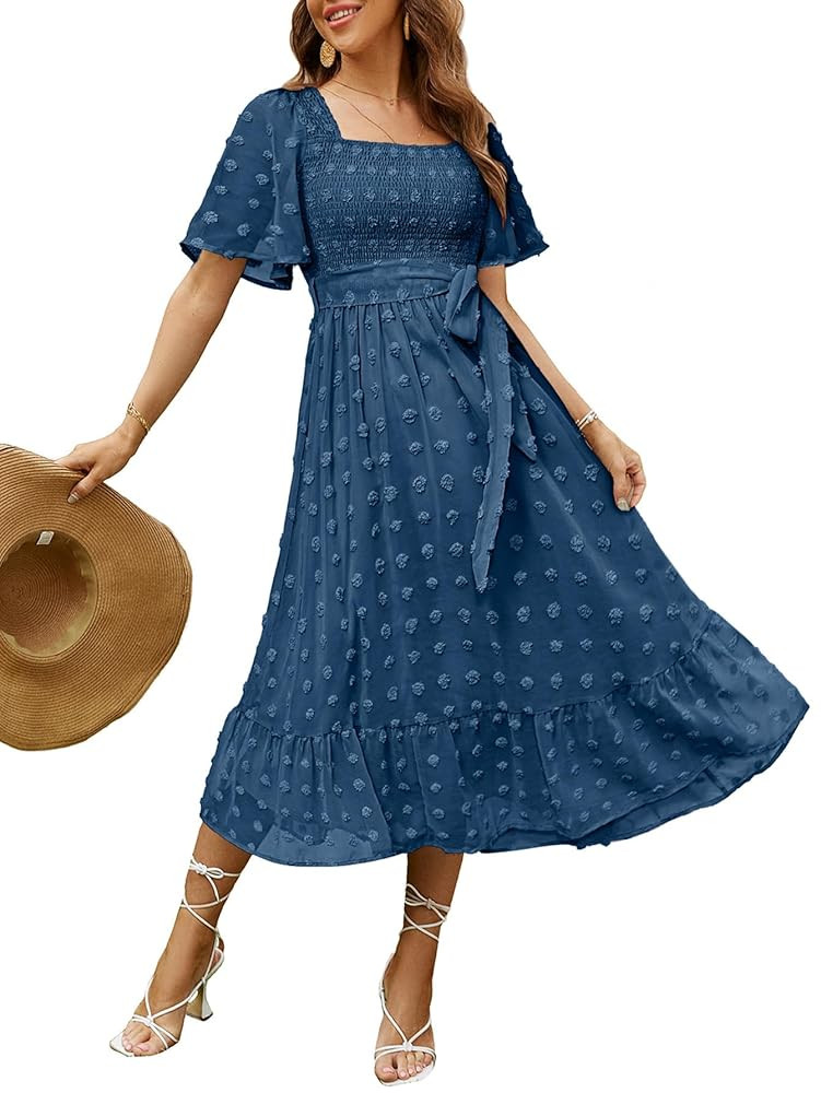 Amegoya Women's Boho Flowy Long Sleeve Square Neck Floral Midi Dress Smocked Spring Fall Wedding ... | Amazon (US)