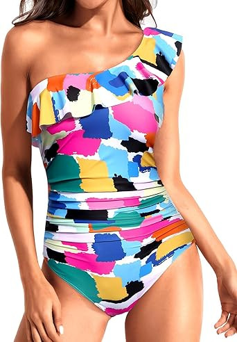 Tempt Me Women One Piece Swimsuits Tummy Control One Shoulder Bathing Suits Ruffle Swimwear | Amazon (US)