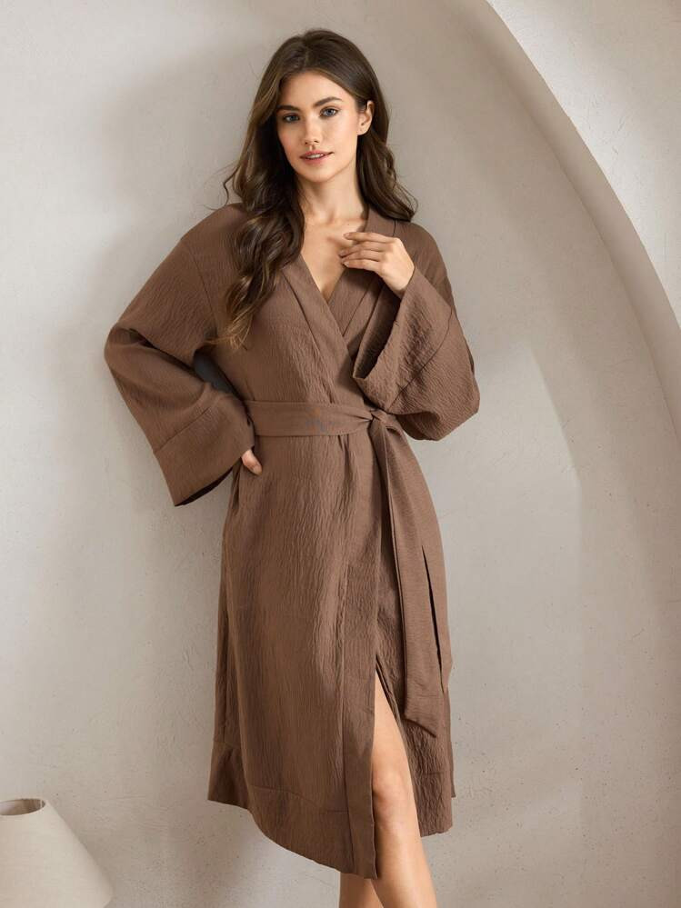 SHEIN Leisure Women's Solid Color Dropped Shoulder Long Sleeve Waist Twist Detail Loungewear Robe | SHEIN