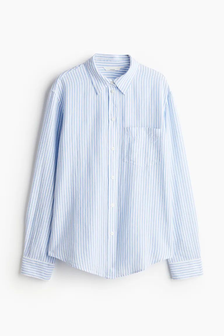 Linen-blend Shirt - Long sleeve - Regular length - White/blue striped - Ladies | H&M US | H&M (US + CA)