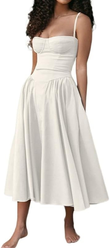 Elegant Retro Style Solid Color Suspender Skirt Big Swing Dress | Amazon (US)