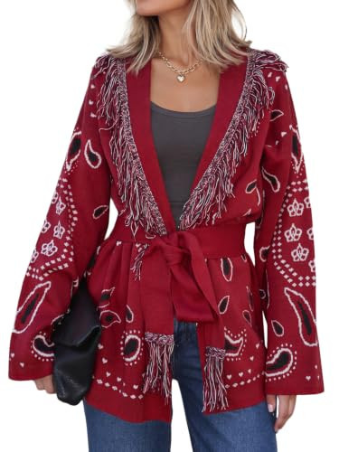 Cicy Bell Womens Fringe Cardigan Printed Long Sleeve V Neck Belt Sweaters | Amazon (US)