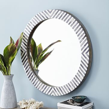 Parsons 30" Round Bone Inlay Mirror - Gray Herringbone | West Elm (US)