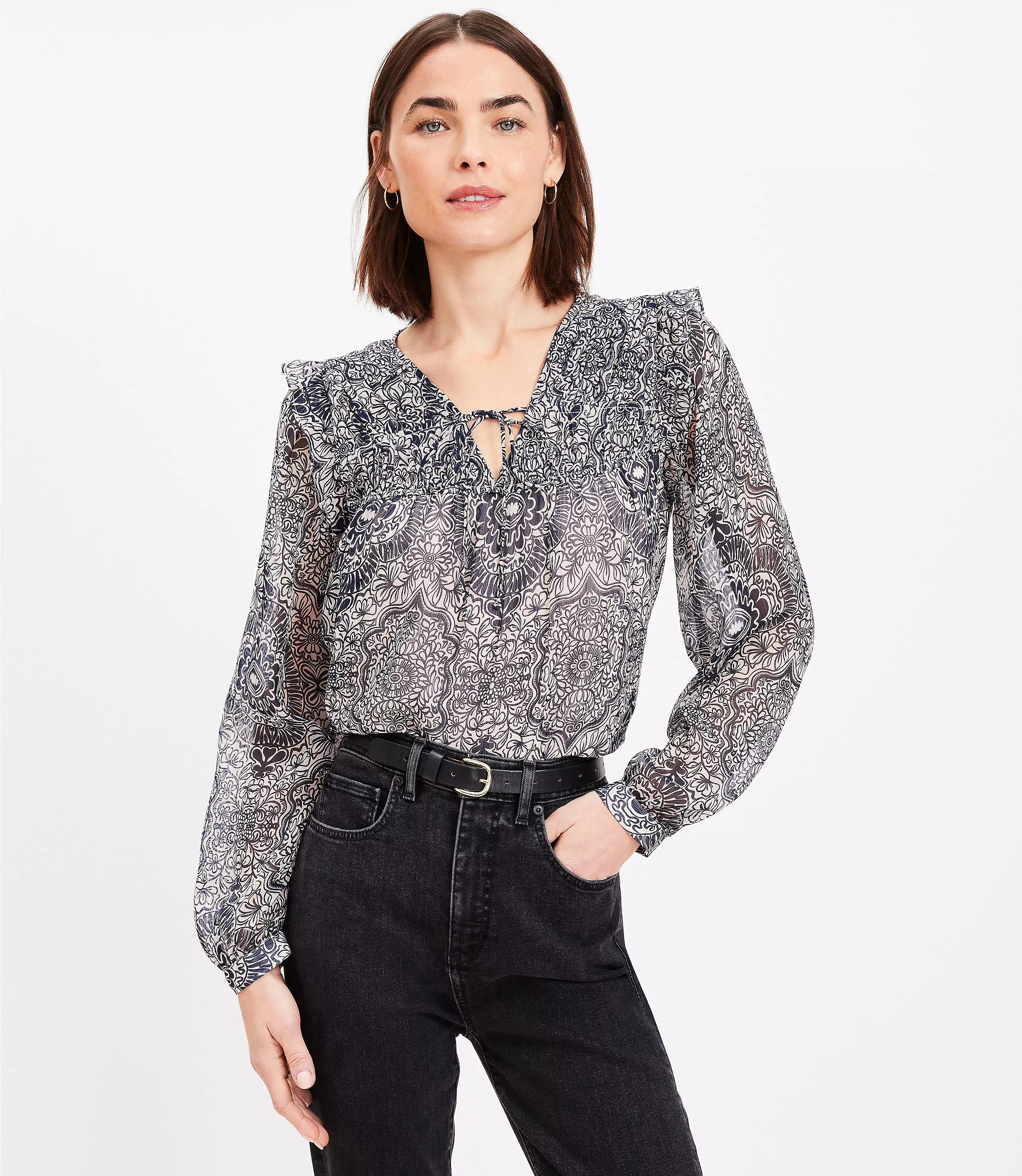 Ornamental Floral Shirred Tie Neck Blouse | LOFT