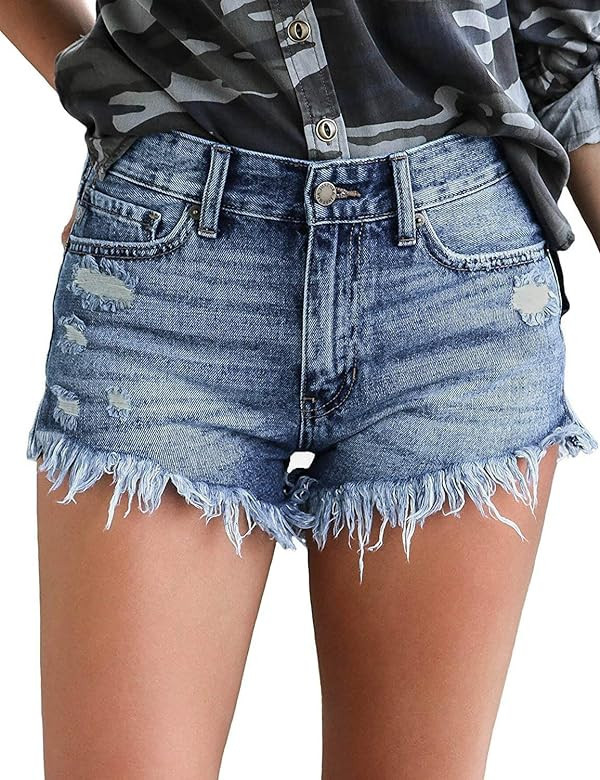 luvamia Women Casual High Waisted Denim Shorts Frayed Raw Hem Ripped Jeans Shorts | Amazon (US)
