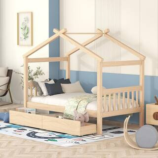 Natural Twin Size Wood House Bed, Kids Bed with 2 Drawers | The Home Depot