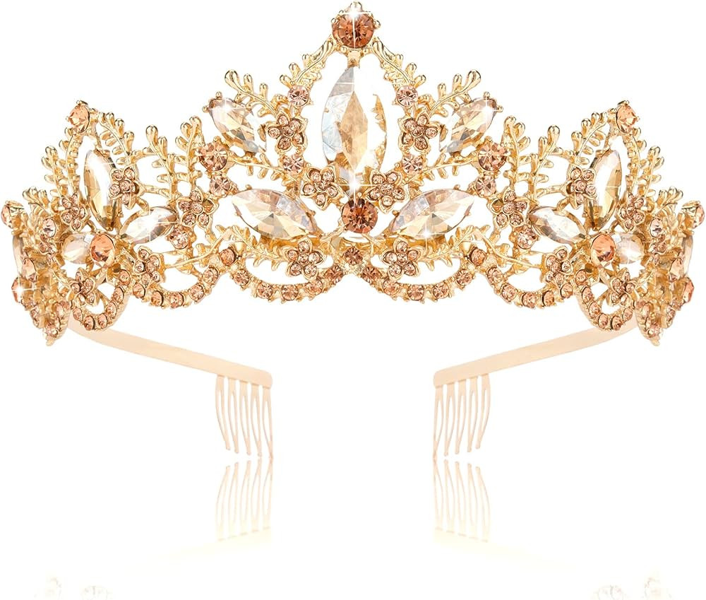 Exacoo Gold Tiara for Women Champagne Crown for Girls with Comb Wedding Princess Birthday Crystal... | Amazon (US)