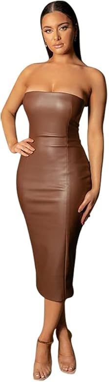 XLLAIS Women Sexy Strapless Tube Top Midi Dress Off Shoulder Bodycon Sexy Party Faux Leather Dress | Amazon (US)