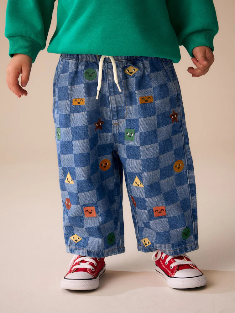 Mid Blue Checkerboard With All Over Embroidery Wide Fit Jeans (3mths-7yrs) | Next US