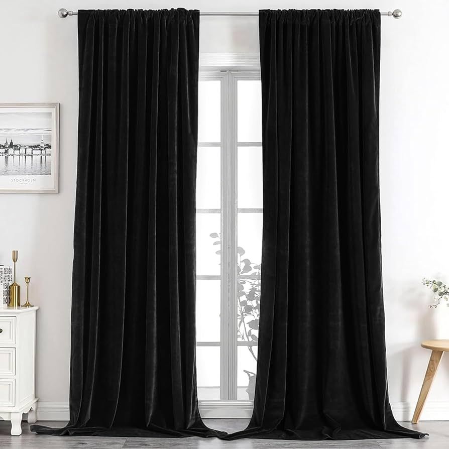 Joydeco Black Velvet Curtains 90 inch Length 2 Panels Burg Set, Luxury Rod Pocket Thermal Insulat... | Amazon (US)