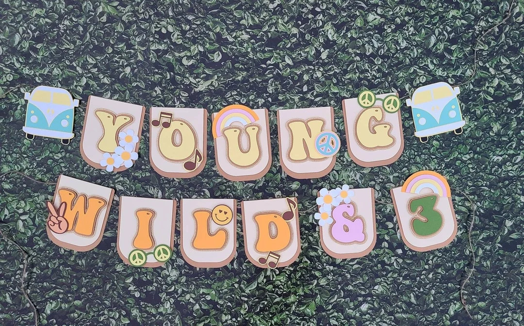 Young, wild, and three hippie boho Happy Birthday banner | Etsy (US)