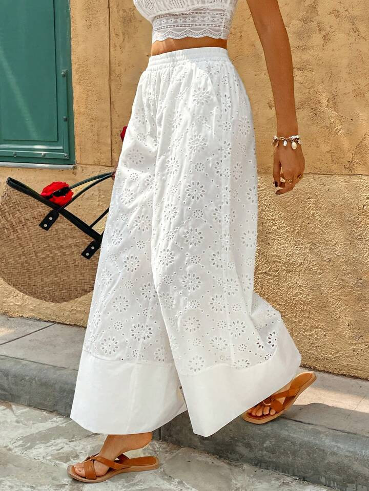 SHEIN Frenchy Women's Vacation Solid Color Burnout Embroidery Fabric Patchwork Wide Leg Elegant Simple Casual Pants Pure White Summer Outfits For Women Spring Outfits For Women Vacation Outfits Women Beach Outfits For Woman Wedding Guest Pants Women Skort Skorts For Women Brunch Outfits For Women Women Clothing Summer Tea Party Outfit Beach Vacation Outfits European Summer | SHEIN