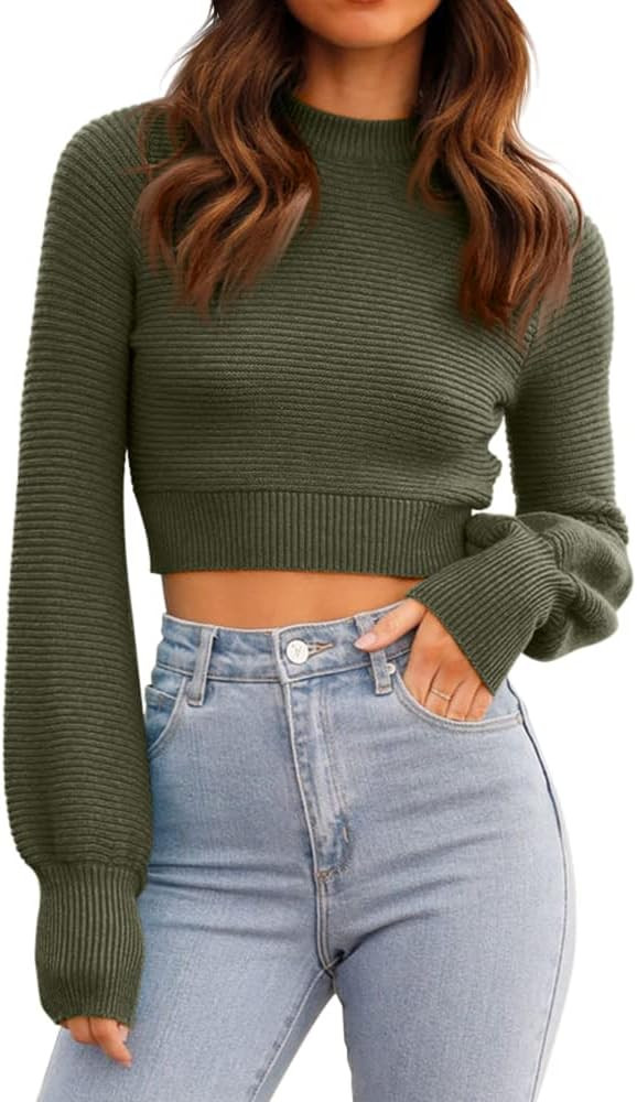 GeGekoko Womens Sexy Crew Neck Cropped Sweaters Ribbed Knit Long Sleeve Crop Tops Pullover | Amazon (US)