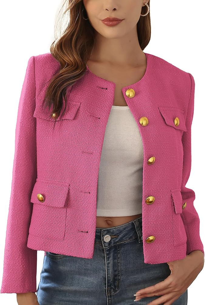 M.Infisavo 2025 Women Tweed Jacket Cropped Blazers Spring Summer Elegant Round Neck Pockets Busin... | Amazon (US)