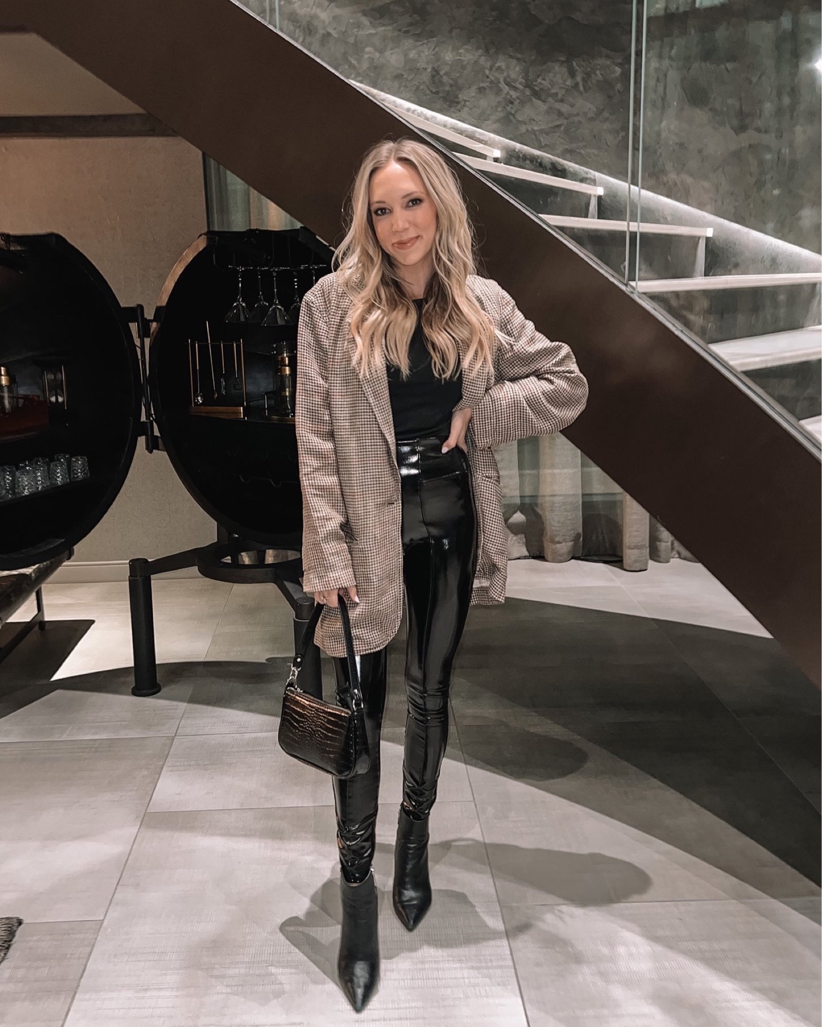 Fall outfit, oversized plaid blazer, free people blazer, spanx faux patent leather leggings, black booties, black bodysuit, black shoulder bag, date night outfit 

#LTKSeasonal #LTKworkwear #LTKunder100