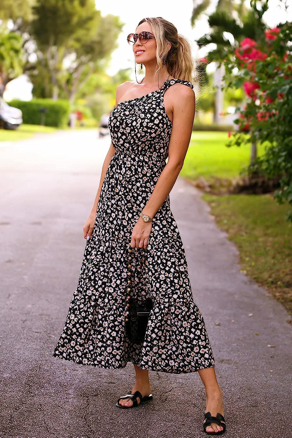 PRETTYGARDEN Women's Floral Summer Dress 2023 Knot One Shoulder Sleeveless Ruffle Hem Flowy Boho ... | Amazon (US)