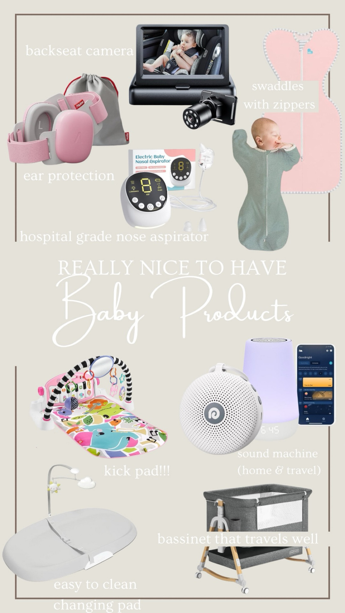 Baby products that are not necessities but are really nice to have! 1. Kick pad 2. Noise machines for both home and travel 3. Swaddles with zippers, my baby is now in a transitional swaddle and it has a zipper and it’s great 4. Noise canceling ear protection 5. Hospital grade nose aspirator 6. Easy to fold down and traves with bassinet 7. Easy to wipe down changing pad 8. Car camera #babymusthaves #newmom #newborn #babyproducts 

#LTKBump #LTKSaleAlert #LTKBaby