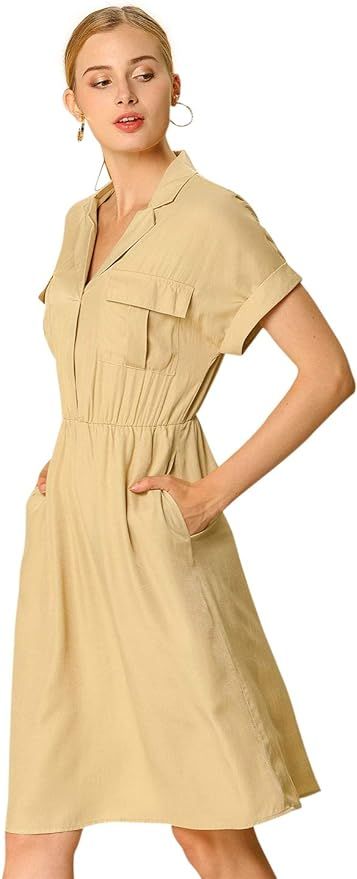 Allegra K Women's Notched Lapel Elastic Waist Pocket A-Line Safari Shirt Dress | Amazon (US)