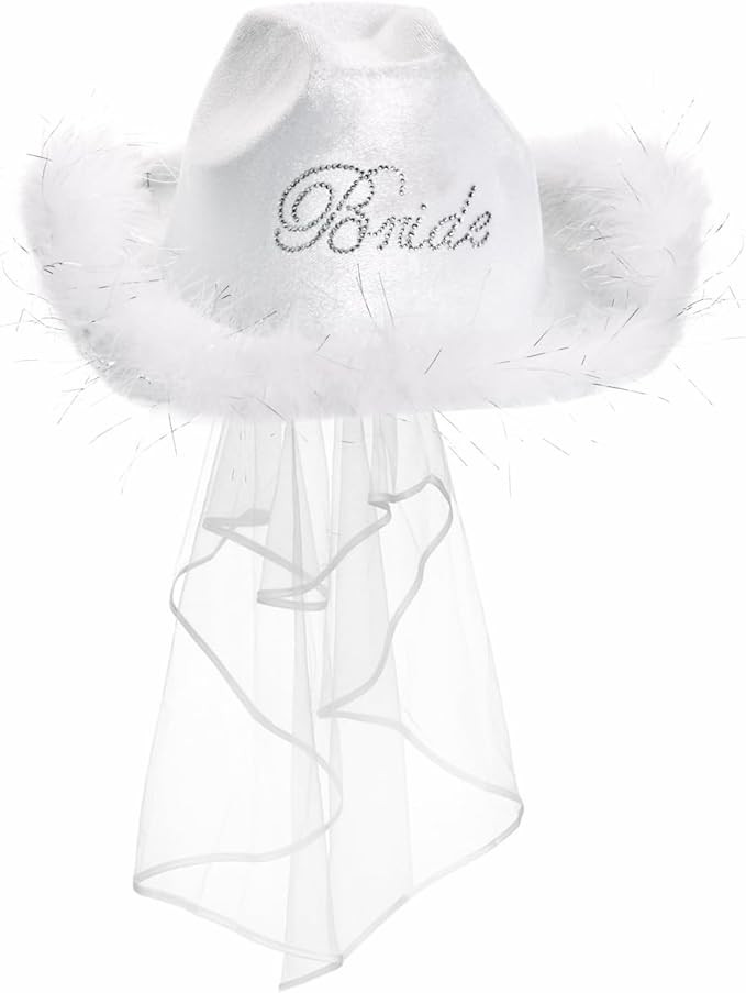 xo, Fetti Bride Cowgirl Hat, Bachelorette Party | White Velvet Fur Veil Favors, Engagement, Last ... | Amazon (US)