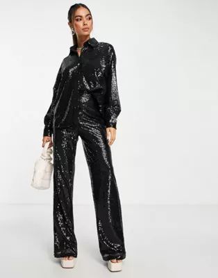 In The Style exclusive sequin oversized shirt in black - part of a set | ASOS (Global)