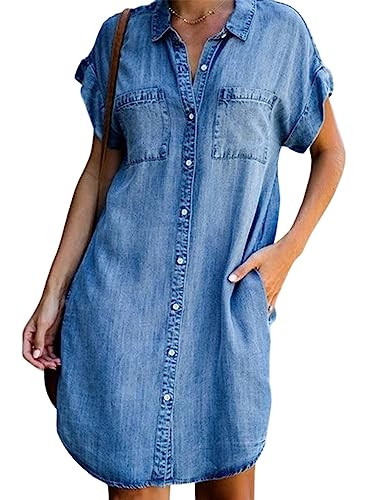 yoeasy Women's Short Sleeve Denim Shirt Midi Dress Button Down Tunic Jean Dress with Pockets (Medium, Light Blue) | Amazon (US)