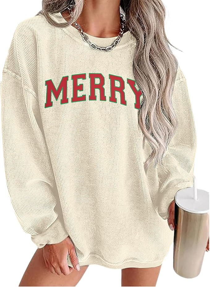 MAXIMGR Womens Crewneck Sweatshirt Christmas Sweatshirts Oversized Corduroy Merry Christmas Vacat... | Amazon (US)