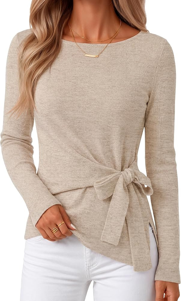 MEROKEETY Womens Fall Sweaters Trendy 2026 Tie Front Cinched Waist Tops | Amazon (US)