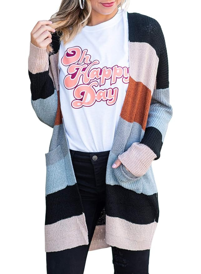 ZESICA Women's Long Sleeve Rainbow Color Block Open Front Drape Oversized Knitted Sweater Cardiga... | Amazon (US)