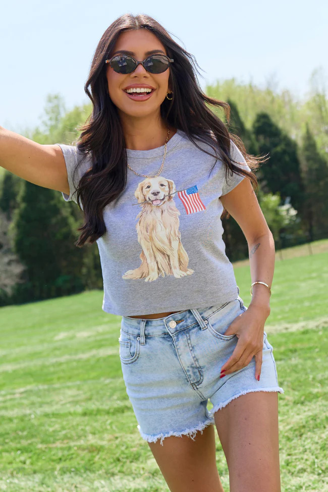 Patriotic Pup Heather Grey Baby Graphic Tee | Pink Lily
