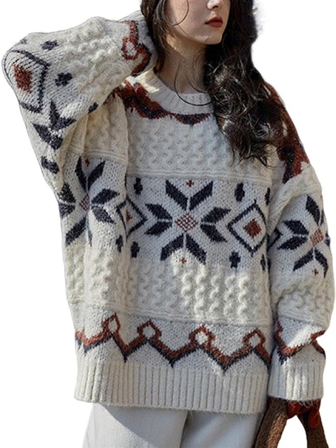 utcoco Christmas Sweaters for Women Contrast Snowflake Oversized Cable Knit Sweater Pullover | Amazon (US)