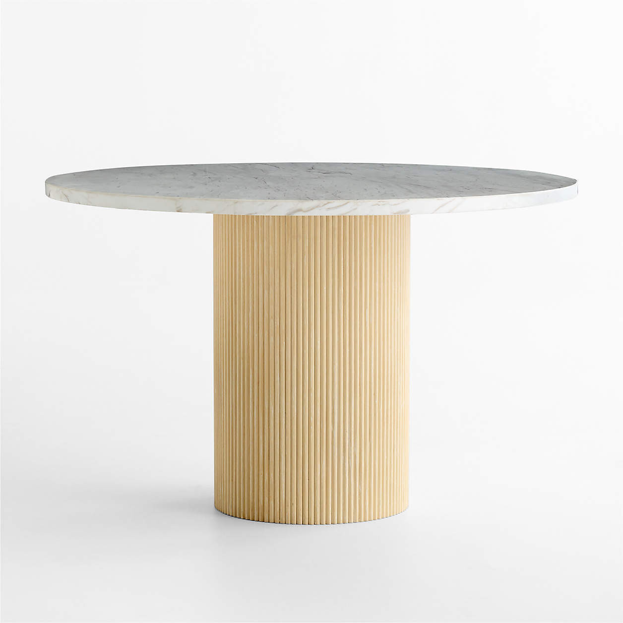 Portico 48" Marble and Warm Brown Oak Round Pedestal Dining Table + Reviews | Crate & Barrel | Crate & Barrel