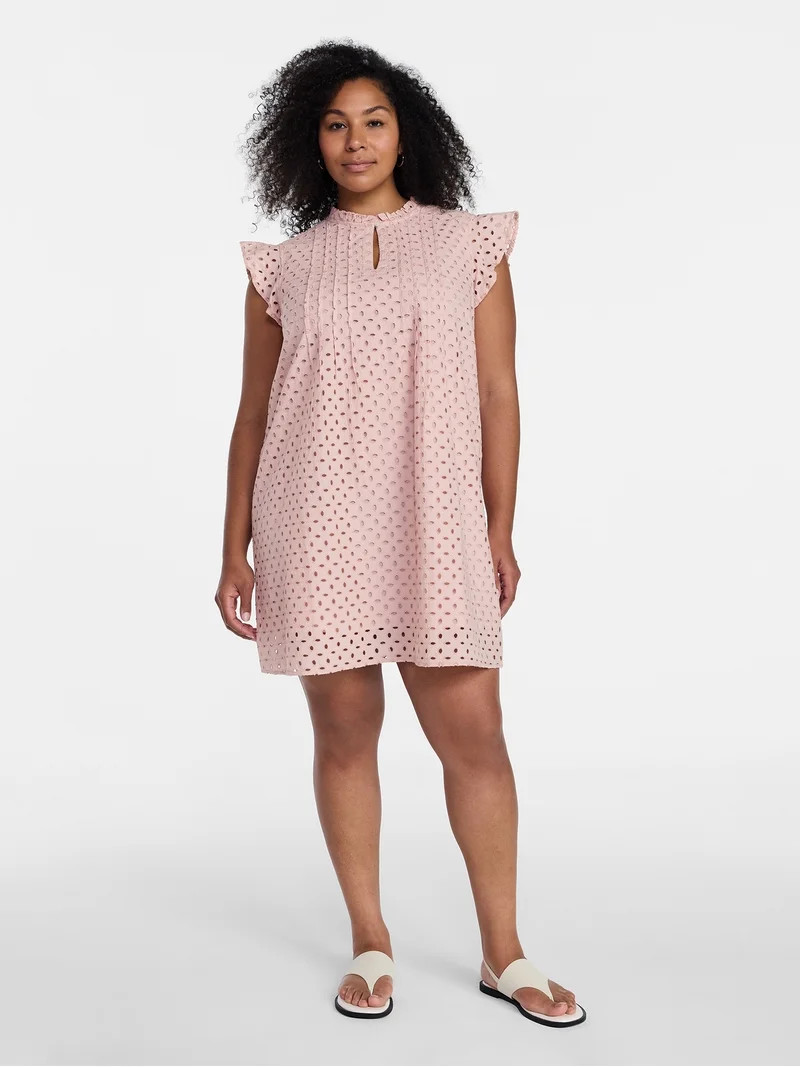 Time and Tru Women's Cotton Eyelet Mini Dress with Flutter Sleeves, Sizes XS-XXXL | Walmart (US)
