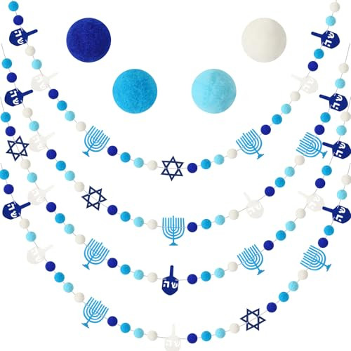 Jansun 4 Pack Hanukkah Garlands 32.8 Feet Felt Menorah Star of David Dreidel Blue White Pom Pom Garland Ornaments for Chanukkah Fireplace Wall Home Outdoor Party Hanging Decor Supplies | Amazon (US)
