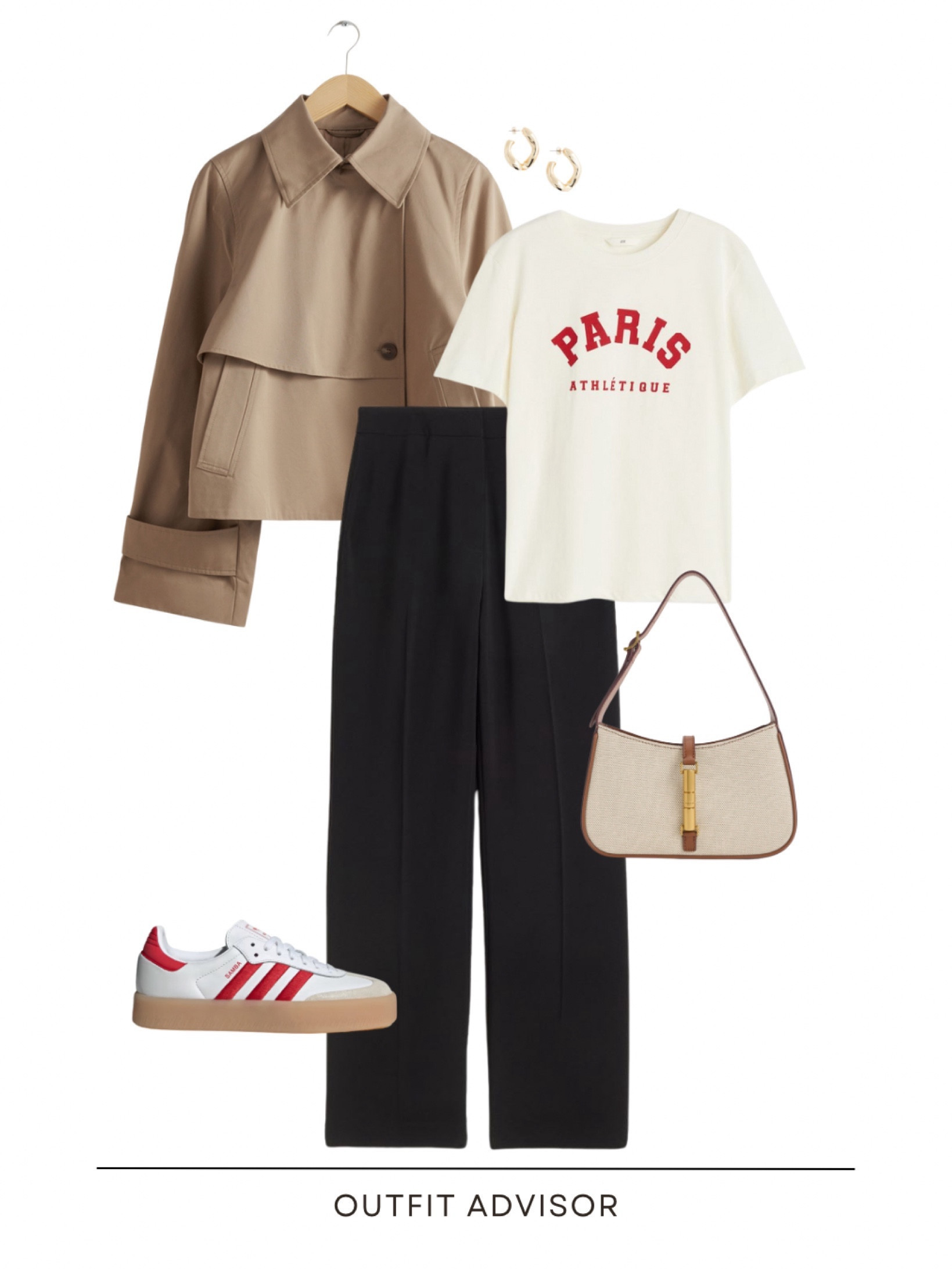 Casual spring outfit inspo: a cropped trench coat, Paris graphic tee, black trousers, adidas sneakers, gold earrings and a cute gold clasp bag

#LTKstyletip #LTKitbag #LTKshoecrush