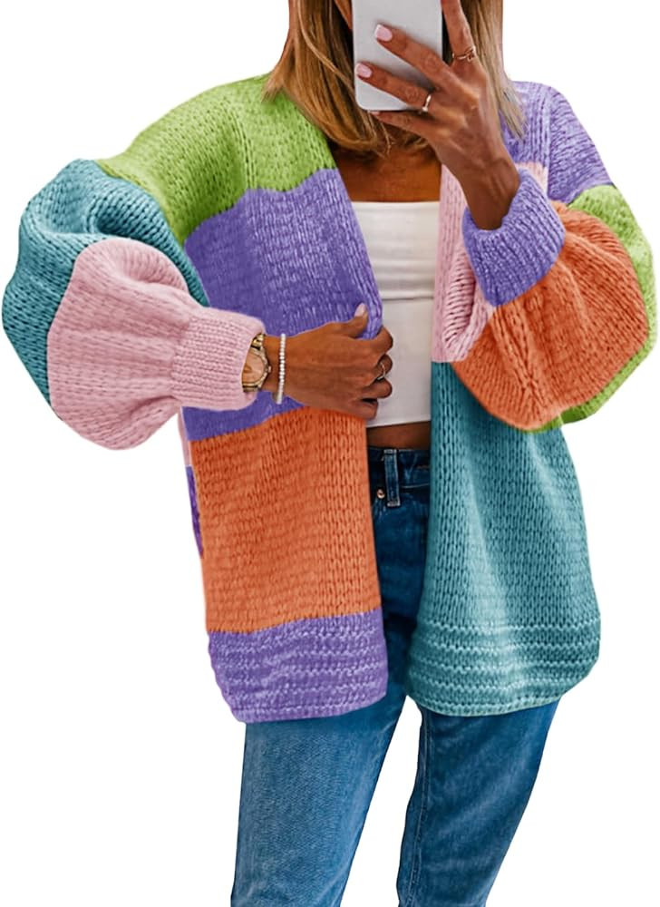 Saodimallsu Womens Color Block Oversized Cardigans Long Lantern Sleeve Open Front Chunky Knit Fal... | Amazon (US)