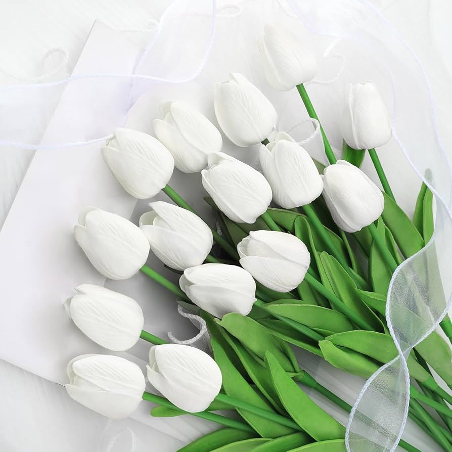 Kisflower 12Pcs Latex Artificial Tulips - Fake Tulips Artificial Flowers Faux White Tulips Real T... | Amazon (UK)
