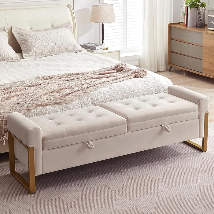 67" Storage Bench for Bedroom End of Bed, Velvet King Size Bed Bench with Double Lids and Gold Le... | Amazon (US)