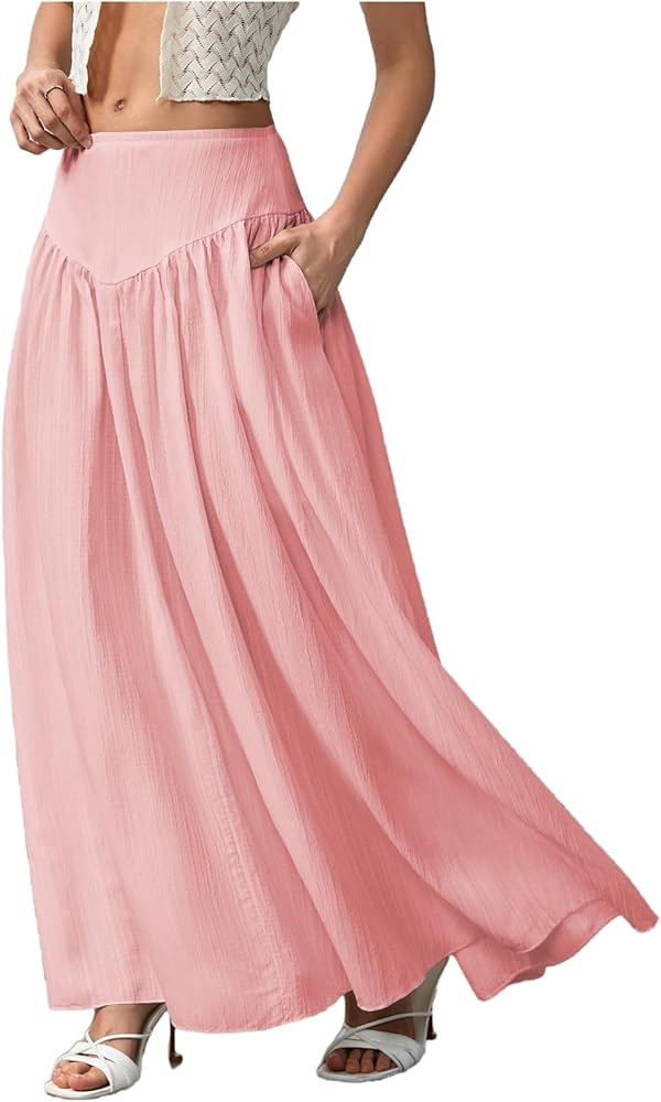 Milumia Women's Pleated Flowy Long Skirts High Waist Maxi Skirt with Pocket | Amazon (US)