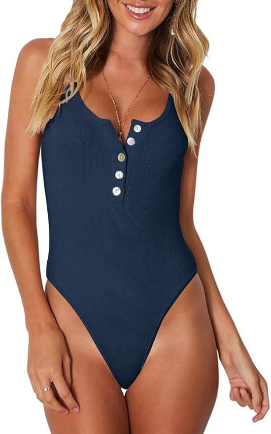 REORIA Women's Sexy Scoop Neck Racerback Tank Top Button Down Bodysuits | Amazon (US)