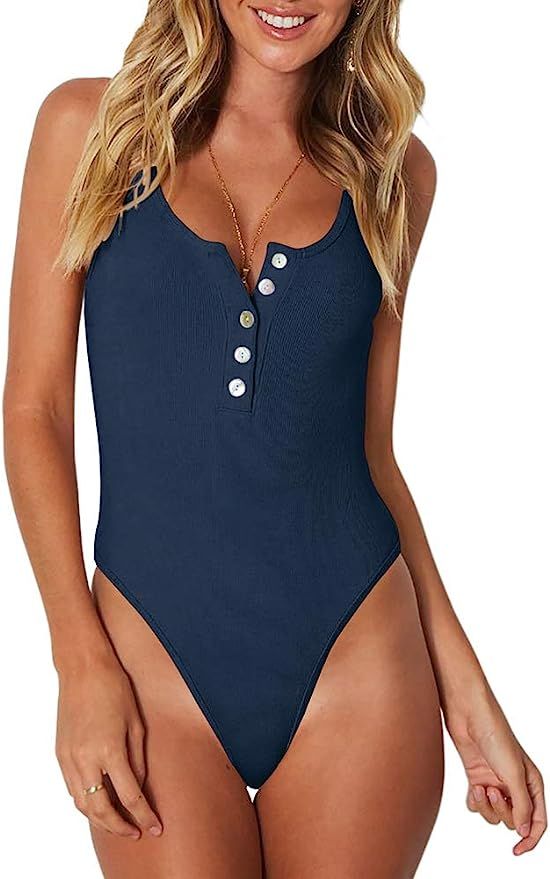 REORIA Women's Sexy Scoop Neck Racerback Tank Top Button Down Bodysuits | Amazon (US)