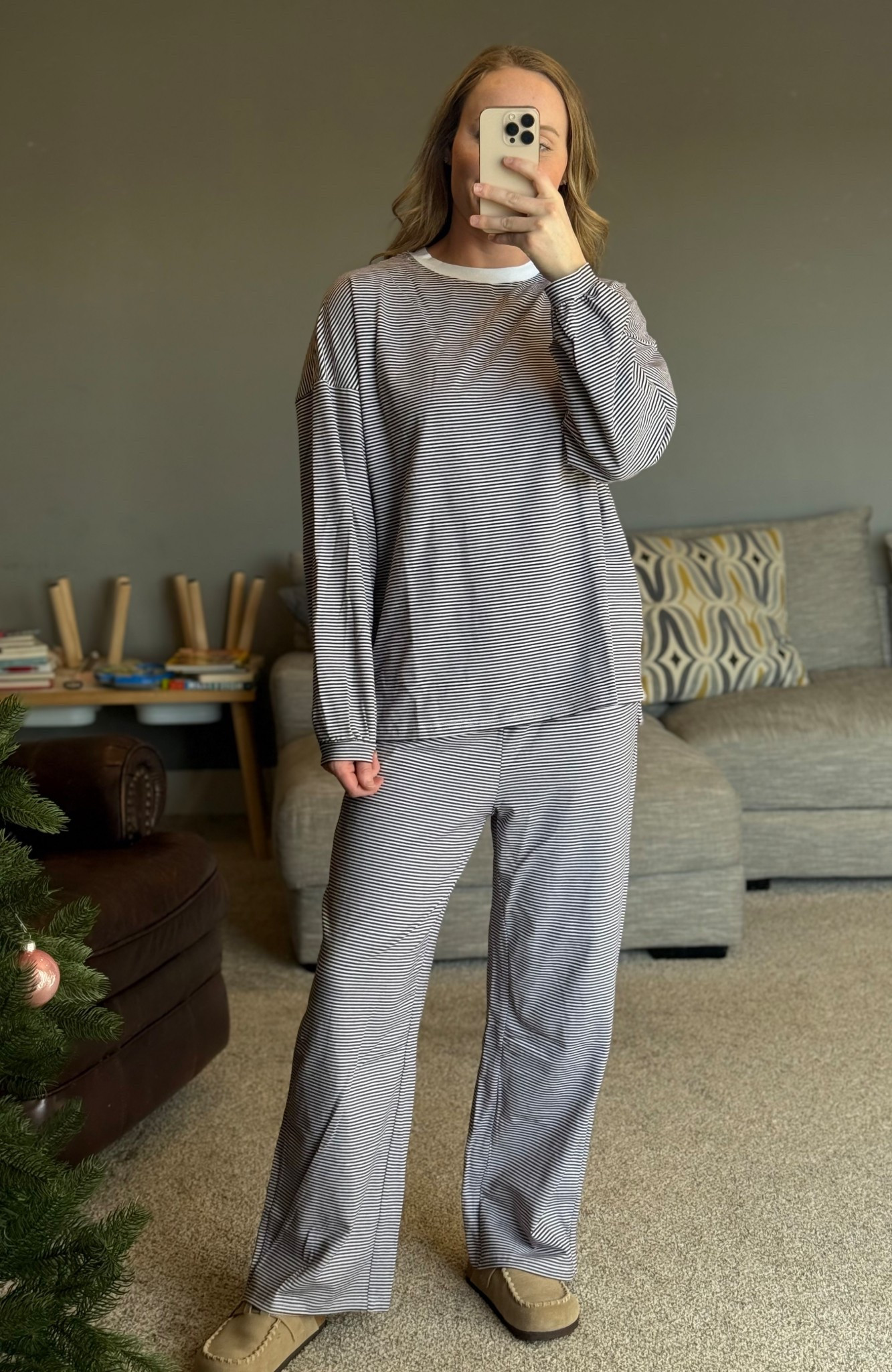 Amazon MISACTIVER Women’s 2 piece striped lounge set long sleeve oversized wide leg pants matching pajamas set 
Color Brown
Wearing size small, size up one if in between sizes 

#LTKmomlife #LTKootd #LTKgrwm
