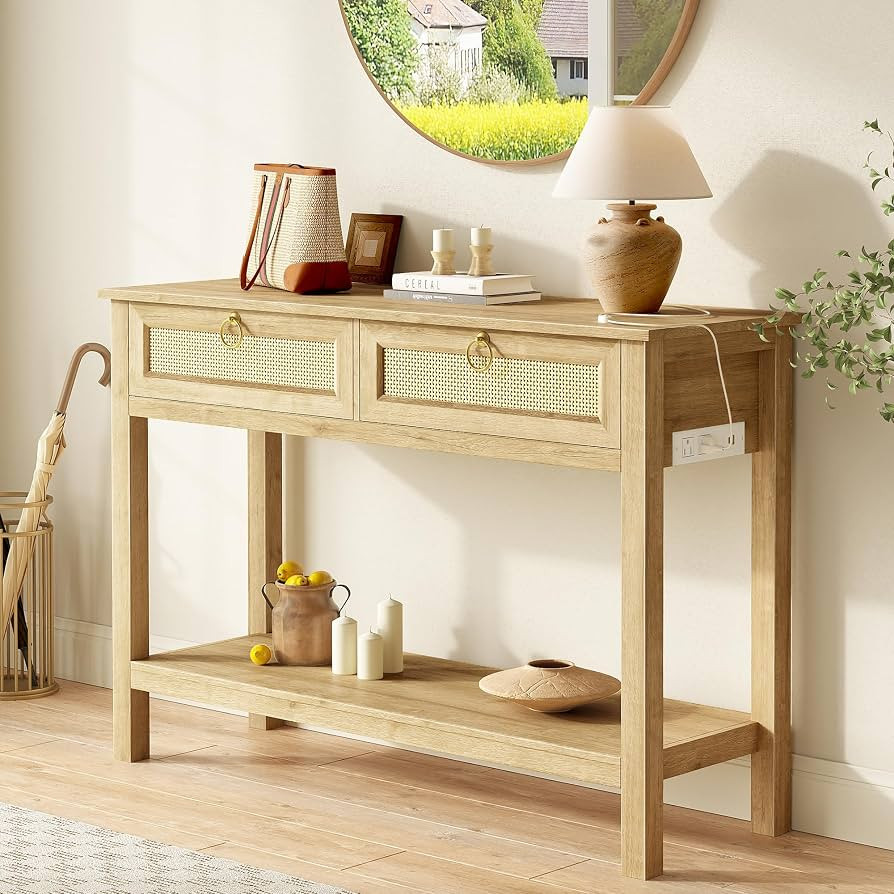 SUPERJARE Rattan Console Sofa Table with Outlets, USB-C Port and 3 Drawers | Amazon (US)