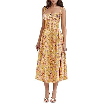 FRECOCCIALO Summer Floral Corset Midi Dress 2023 Square Neck Split Slit Bustier Dresses Boho Flow... | Amazon (UK)