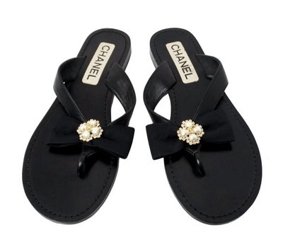 Chanel Leather Black Thong Bow and pearl Accent Sandals Size 37.5 | eBay US