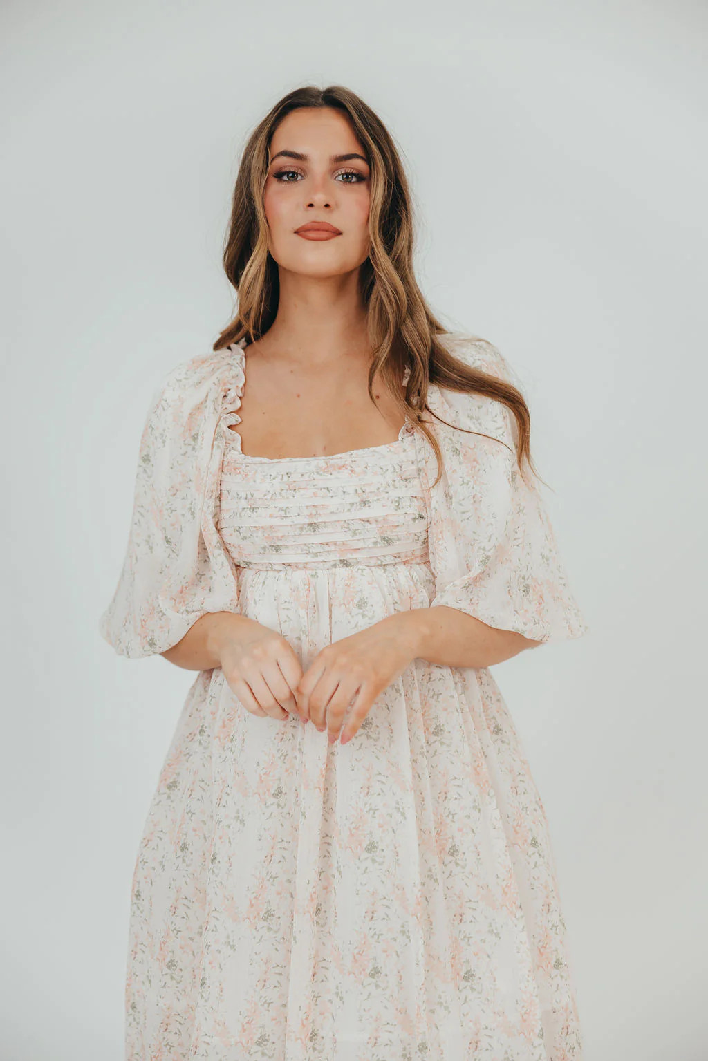 Melody Maxi Dress with Pleats and Bow Detail in Blush Floral - Bump Fr | Worth Collective