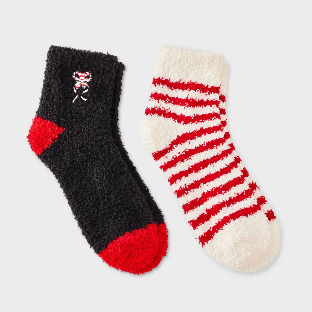 Women's Embroidered Candy Canes Christmas 2pk Cozy Ankle Socks - Black/Ivory/Red 4-10 | Target