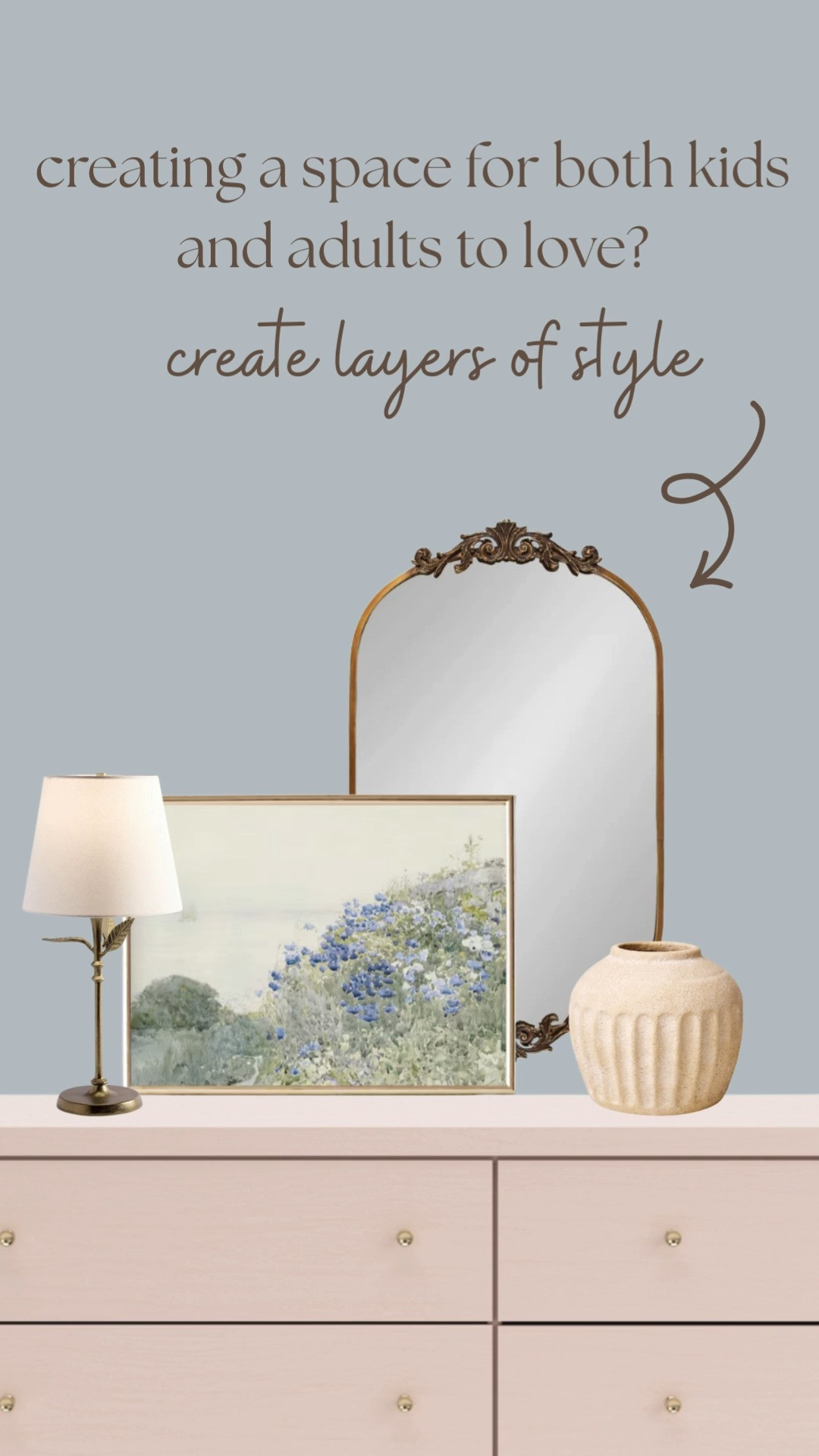 If you’re trying to create a space that works for both kids and adults, the problem usually isn’t durability — it’s that the room feels either too precious or too juvenile. This styling fix is about layering, not decorating. Start with a sturdy dresser that can handle real life, then soften it with artwork, a classic mirror, and warm table lighting so the space feels intentional instead of temporary. Mixing refined shapes with practical surfaces creates a room that feels calm, lived-in, and grown-up without sacrificing function.
Every piece used to layer this kid-friendly but adult-approved space is linked on LTK. 

 #LTKHome #LTKBaby #LTKBump